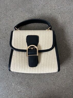 Mini Straw Top-Handle Bag in Cream with Black Trim